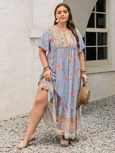 Plus Size Printed Tie Neck Flutter Sleeve Maxi Dress OutfitFlow